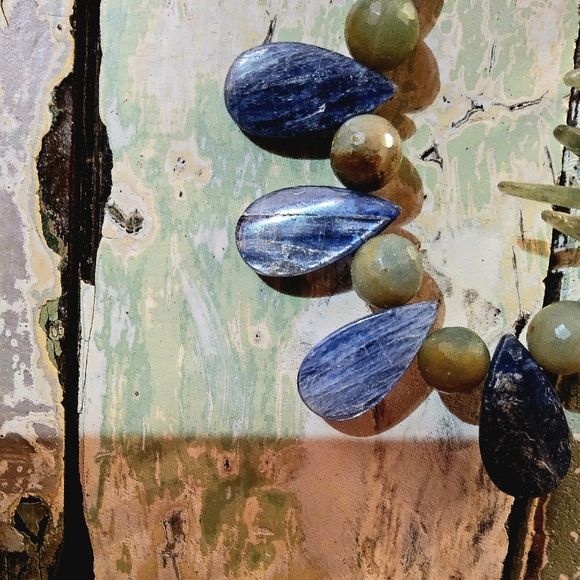 Asymetrical Multi Semi-Precious Stone Blue And Sage Necklace - Picture 2 of 3